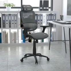 LO Ergonomic Mesh Office Chair With 2-to-1 Synchro-Tilt, Adjustable Headrest, Lumbar Support, And Adjustable Pivot Arms In Gray