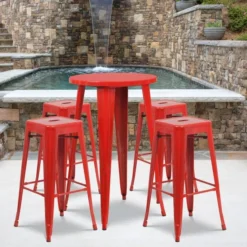 Flash Furniture 24'' Round Red Metal Indoor-Outdoor Bar Table Set With 4 Square Seat Backless Barstools