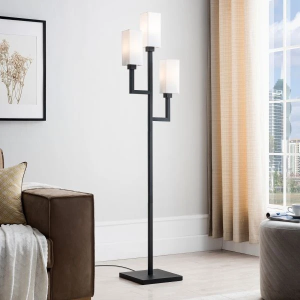 Basso 3-Light Torchiere Floor Lamp With Fabric Shade In Blackened Bronze/White 2 Basso 3-Light Torchiere Floor Lamp With Fabric Shade In Blackened Bronze/White - Image 2