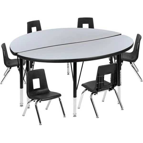 Emmy 47.5" Circle Wave Flexible Laminate Activity Table Set With 12" Student Stack Chairs, Oak/Black 1 Emmy 47.5" Circle Wave Flexible Laminate Activity Table Set With 12" Student Stack Chairs, Oak/Black