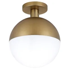 Orb 9.75" Wide Semi Flush Mount With Glass Shade In Antique Brass/White