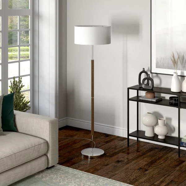 Simone 2-Light Floor Lamp With Fabric Shade In Rustic Oak/Polished Nickel/White 3 Simone 2-Light Floor Lamp With Fabric Shade In Rustic Oak/Polished Nickel/White - Image 3