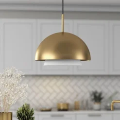 Octavia 15.75" Wide Pendant With Metal/Glass Shade In Brass/Brass And White -office furniture sale 253f523de664cbbb50c2600de6fe81e663