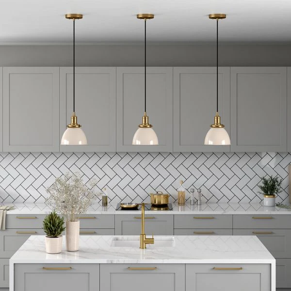 Madison 8" Wide Pendant With Metal Shade In Pearled White/Brass/Pearled White 10 Madison 8" Wide Pendant With Metal Shade In Pearled White/Brass/Pearled White - Image 10