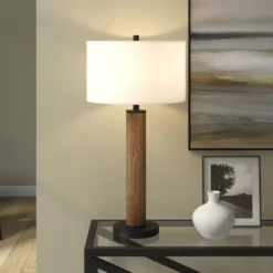Harlow 29" Tall Table Lamp With Fabric Shade In Rustic Oak/Blackened Bronze/White -office furniture sale 272e39940e8d07297b3ee31a4abe6d230f