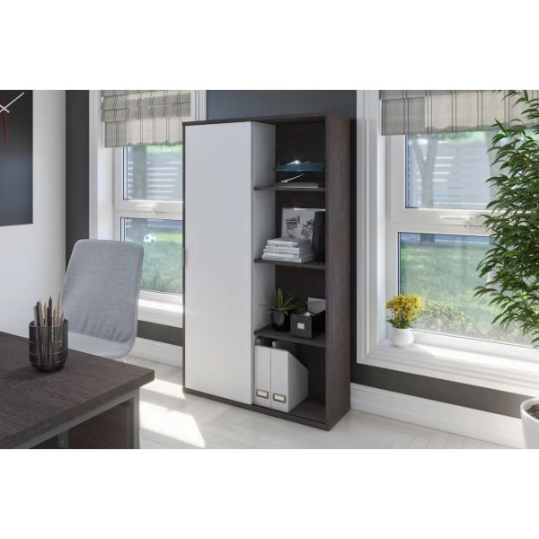 Bestar Aquarius Bookcase With Sliding Door - Bark Gray & White 2 Bestar Aquarius Bookcase With Sliding Door - Bark Gray & White - Image 2