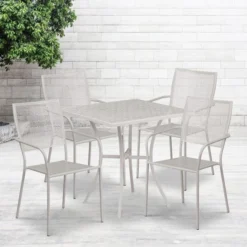 Oia Commercial Grade 28" Square Light Gray Indoor-Outdoor Steel Patio Table Set With 4 Square Back Chairs
