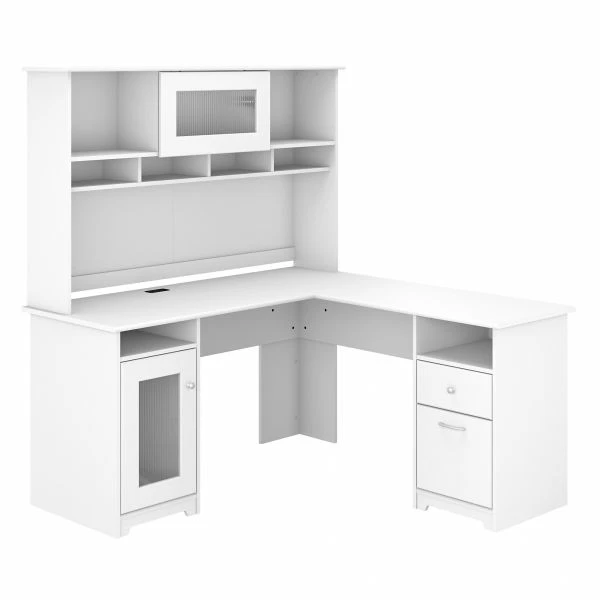 Bush Furniture Cabot 60W L Shaped Computer Desk With Hutch In White 1 Bush Furniture Cabot 60W L Shaped Computer Desk With Hutch In White