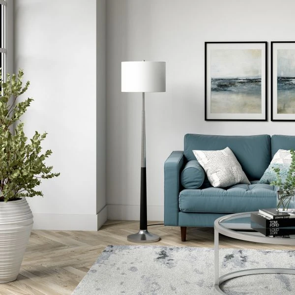 Lyon Two-Tone Floor Lamp With Fabric Shade In Brushed Nickel/Matte Black/White 6 Lyon Two-Tone Floor Lamp With Fabric Shade In Brushed Nickel/Matte Black/White - Image 6