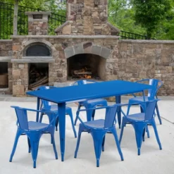 Oakley Commercial Grade 31.5" X 63" Rectangular Blue Metal Indoor-Outdoor Table Set With 6 Arm Chairs