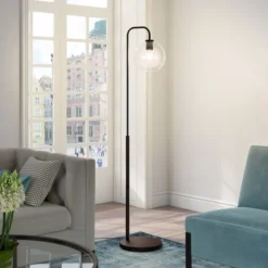 Harrison Arc Floor Lamp With Glass Shade In Blackened Bronze/Clear -office furniture sale 2a02ef2bfad0438d04737021917571b6cb