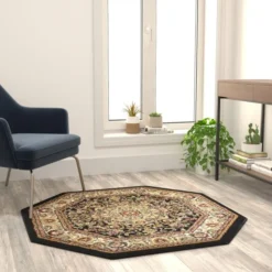 Mersin Collection Persian Style 4x4 Black Octagon Area Rug-Olefin Rug With Jute Backing-Hallway, Entryway, Bedroom, Living Room