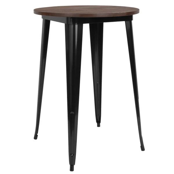 Philip 30" Round Black Metal Indoor Bar Height Table With Walnut Rustic Wood Top 2 Philip 30" Round Black Metal Indoor Bar Height Table With Walnut Rustic Wood Top - Image 2