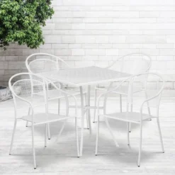 Oia Commercial Grade 28" Square White Indoor-Outdoor Steel Patio Table Set With 4 Round Back Chairs