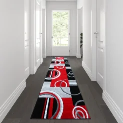 Audra Collection 3' X 10' Red Abstract Area Rug - Olefin Rug With Jute Backing - Entryway, Living Room, Or Bedroom