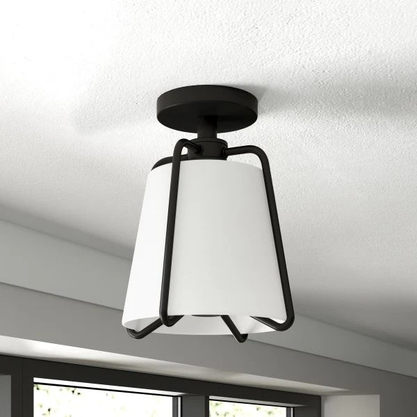 Marduk 9.5" Semi Flush Mount With Fabric Shade In Blackened Bronze/White 3 Marduk 9.5" Semi Flush Mount With Fabric Shade In Blackened Bronze/White - Image 3