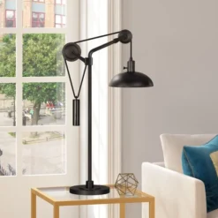 Neo 33.5" Tall Solid Wheel Pulley System Table Lamp With Metal Shade In Blackened Bronze/Blackened Bronze -office furniture sale 2e61be3cf5e53453ff1b6aae7e7e600b06