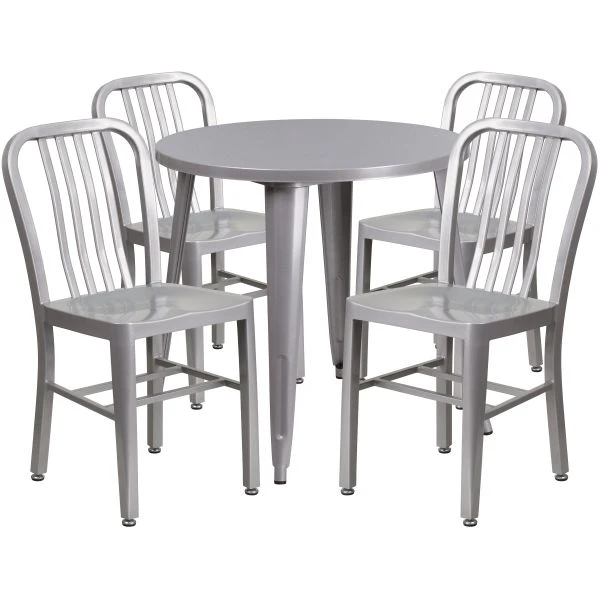 Chad Commercial Grade 30" Round Silver Metal Indoor-Outdoor Table Set With 4 Vertical Slat Back Chairs 2 Chad Commercial Grade 30" Round Silver Metal Indoor-Outdoor Table Set With 4 Vertical Slat Back Chairs - Image 2