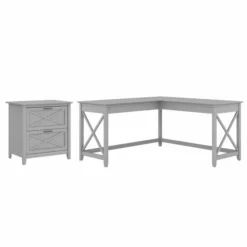 Bush Furniture Key West 60W L Shaped Desk With 2 Drawer Lateral File Cabinet In Cape Cod Gray