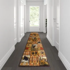 Gaylord Collection Beige 2' X 7' Wilderness Bear And Moose Area Rug With Jute Backing For Indoor Use