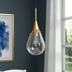 Ambrose 7.63" Wide Pendant With Glass Shade In Brass/Clear -office furniture sale 32c5f8a4dbea4f1646c3fdf19225e014b7