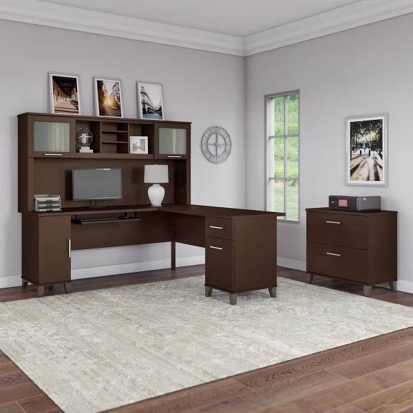 Bush Furniture Somerset 72W L Shaped Desk With Hutch And Lateral File Cabinet In Mocha Cherry 2 Bush Furniture Somerset 72W L Shaped Desk With Hutch And Lateral File Cabinet In Mocha Cherry - Image 2