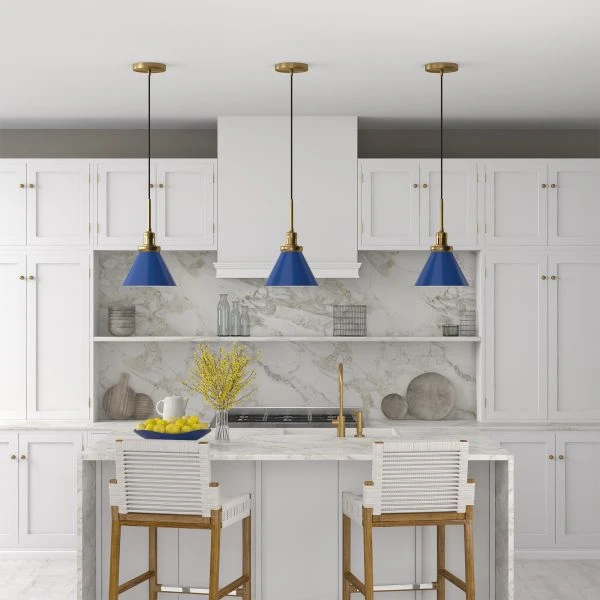 Zeno 8.5" Wide Pendant With Metal Shade In Blue/Brass/Blue 3 Zeno 8.5" Wide Pendant With Metal Shade In Blue/Brass/Blue - Image 3