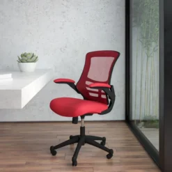 Kelista Mid-Back Red Mesh Swivel Ergonomic Task Office Chair With Flip-Up Arms