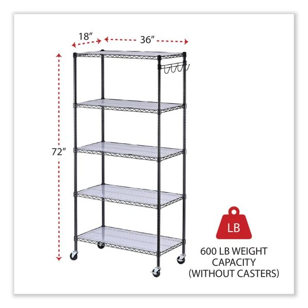 Alera 5-Shelf Wire Shelving Kit With Casters And Shelf Liners, 36w X 18d X 72h, Black Anthracite 3 Alera 5-Shelf Wire Shelving Kit With Casters And Shelf Liners, 36w X 18d X 72h, Black Anthracite - Image 3