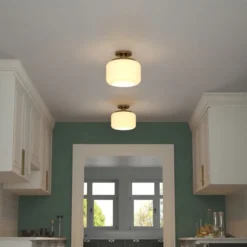 Tatum 11" Wide Semi Flush Mount With Glass Shade In Brushed Brass/White -office furniture sale 35182baf8cd9a0726b05970c57338c7a77