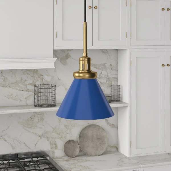 Zeno 8.5" Wide Pendant With Metal Shade In Blue/Brass/Blue 4 Zeno 8.5" Wide Pendant With Metal Shade In Blue/Brass/Blue - Image 4