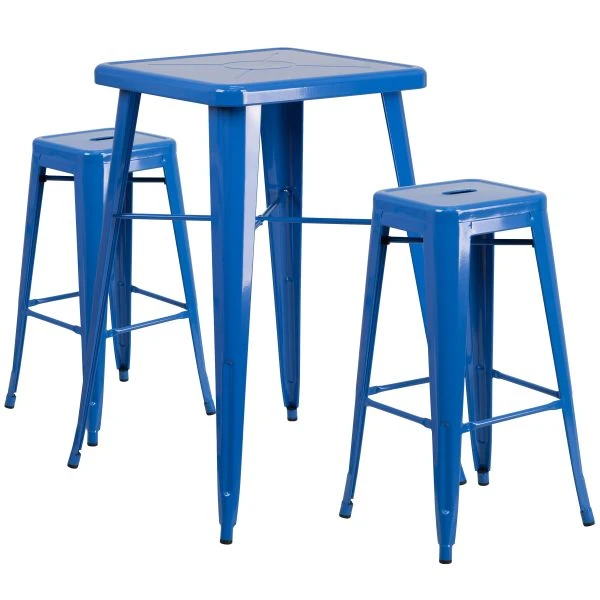 Flash Furniture 23.75'' Square Blue Metal Indoor-Outdoor Bar Table Set With 2 Square Seat Backless Barstools 2 Flash Furniture 23.75'' Square Blue Metal Indoor-Outdoor Bar Table Set With 2 Square Seat Backless Barstools - Image 2