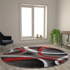 Atlan Collection 8' X 8' Red Round Abstract Area Rug - Olefin Rug With Jute Backing - Entryway, Living Room Or Bedroom