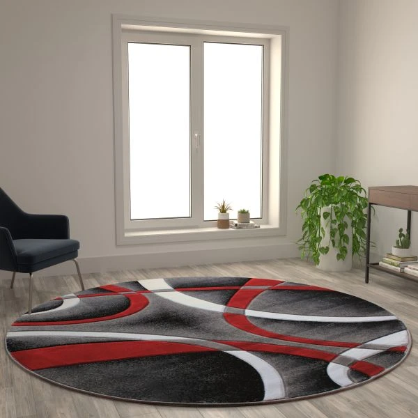 Atlan Collection 8' X 8' Red Round Abstract Area Rug - Olefin Rug With Jute Backing - Entryway, Living Room Or Bedroom 1 Atlan Collection 8' X 8' Red Round Abstract Area Rug - Olefin Rug With Jute Backing - Entryway, Living Room Or Bedroom