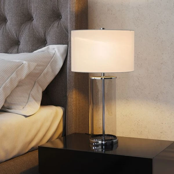 Rowan 28" Tall Table Lamp With Fabric Shade In Clear Glass/Polished Nickel/White 3 Rowan 28" Tall Table Lamp With Fabric Shade In Clear Glass/Polished Nickel/White - Image 3