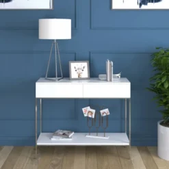 Gio 26.13" Tall Table Lamp With Fabric Shade In Brushed Nickel/White -office furniture sale 370584e9a8b05b8f85c90d83119e246f7e