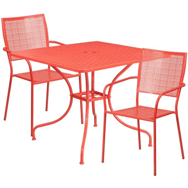 Oia Commercial Grade 35.5" Square Coral Indoor-Outdoor Steel Patio Table Set With 2 Square Back Chairs 2 Oia Commercial Grade 35.5" Square Coral Indoor-Outdoor Steel Patio Table Set With 2 Square Back Chairs - Image 2