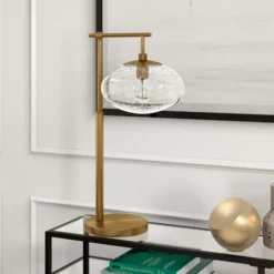 Blume 25" Tall Arc Table Lamp With Glass Shade In Brushed Brass/Seeded -office furniture sale 377f4a85c1a1c4c8ddb94759fd4c3ec44e