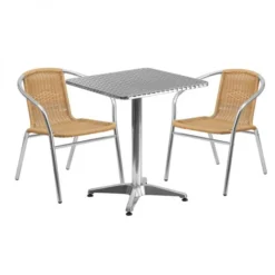 Flash Furniture 23.5'' Square Aluminum Indoor-Outdoor Table With 2 Beige Rattan Chairs