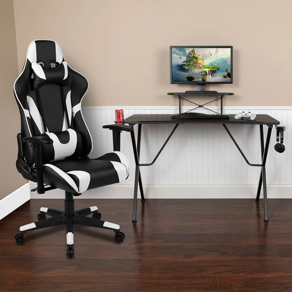 Optis Black Gaming Desk And Black Reclining Gaming Chair Set With Cup Holder, Headphone Hook, And Monitor/Smartphone Stand 2 Optis Black Gaming Desk And Black Reclining Gaming Chair Set With Cup Holder, Headphone Hook, And Monitor/Smartphone Stand - Image 2