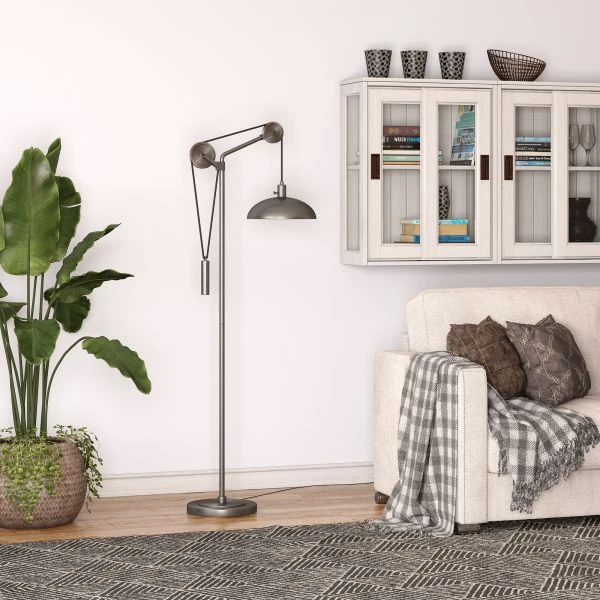 Neo Solid Wheel Pulley System Floor Lamp With Metal Shade In Aged Steel/Aged Steel 2 Neo Solid Wheel Pulley System Floor Lamp With Metal Shade In Aged Steel/Aged Steel - Image 2