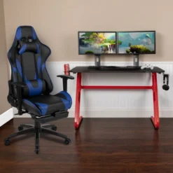 Optis Red Gaming Desk With Cup Holder/Headphone Hook & Blue Reclining Gaming Chair With Footrest