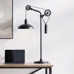 Neo 33.5" Tall Spoke Wheel Pulley System Table Lamp With Metal Shade In Blackened Bronze/Blackened Bronze -office furniture sale 38f153b863e43ee2fcc5d5d8fbb1063d39