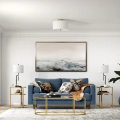 Ellis 16" Flush Mount With Fabric Shade In Brass/White -office furniture sale 39f83067e3d72c3676f59f736345024f81