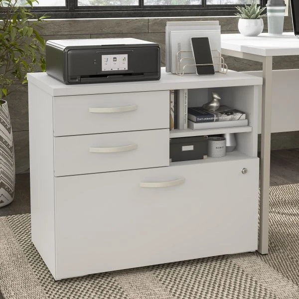 Bush Business Furniture Hybrid Office Storage Cabinet With Drawers And Shelves In White 2 Bush Business Furniture Hybrid Office Storage Cabinet With Drawers And Shelves In White - Image 2