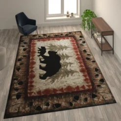 Ursus Collection 8' X 10' Rustic Lodge Wandering Black Bear And Cub Area Rug With Jute Backing