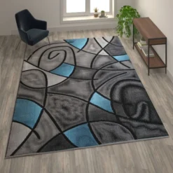 Jubilee Collection 8' X 10' Blue Abstract Area Rug - Olefin Rug With Jute Backing - Living Room, Bedroom, & Family Room
