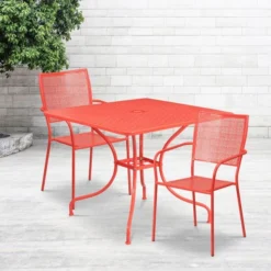 Oia Commercial Grade 35.5" Square Coral Indoor-Outdoor Steel Patio Table Set With 2 Square Back Chairs