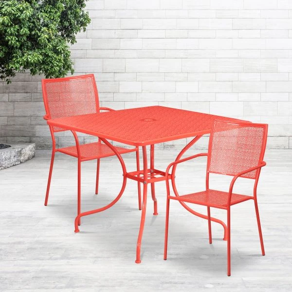 Oia Commercial Grade 35.5" Square Coral Indoor-Outdoor Steel Patio Table Set With 2 Square Back Chairs 1 Oia Commercial Grade 35.5" Square Coral Indoor-Outdoor Steel Patio Table Set With 2 Square Back Chairs