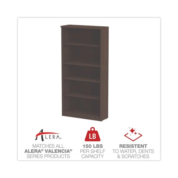 Alera Valencia Series Bookcase, Five-Shelf, 31.75w X 14d X 64.75h, Espresso 2 Alera Valencia Series Bookcase, Five-Shelf, 31.75w X 14d X 64.75h, Espresso - Image 2